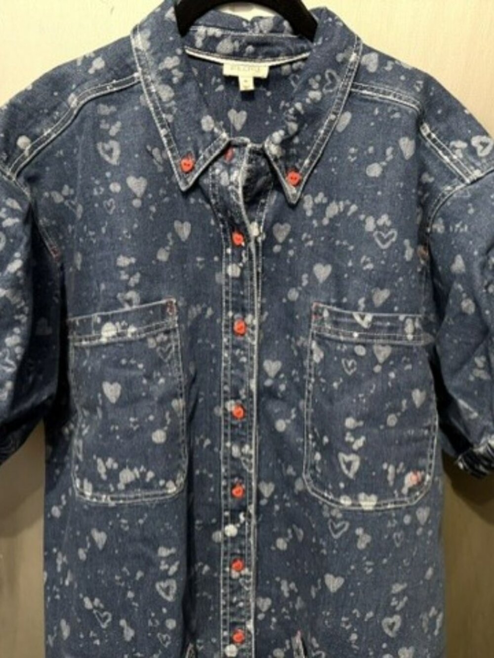 Pilcro Heart Print Denim Button-down Shift Mini Dress with Puff Sleeves - Picture 8 of 16